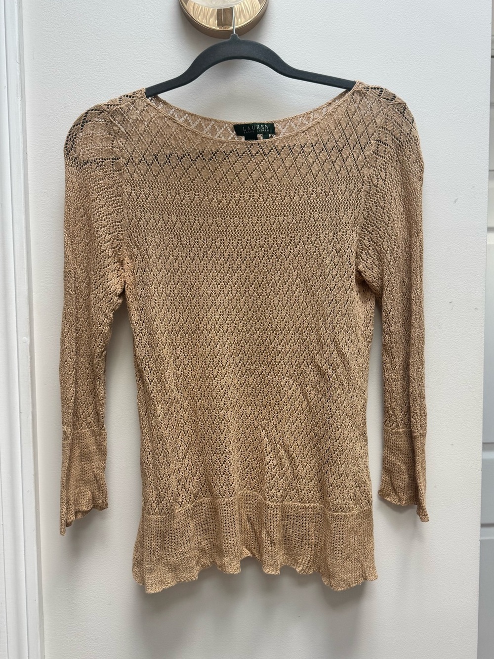Lauren Ralph Lauren 100% Linen Beige Gold Openwork Long Sleeve Knit Top